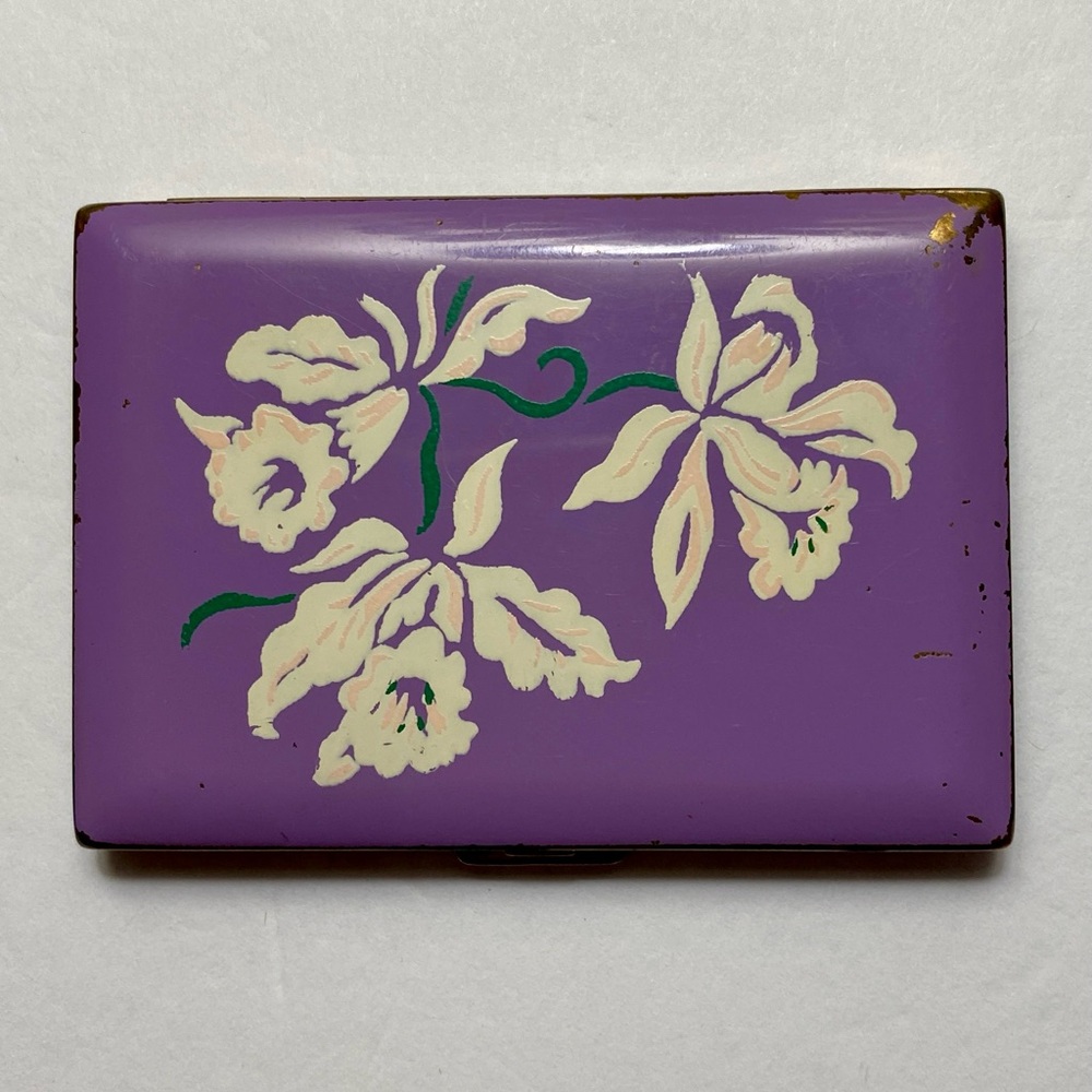 Vintage Majestic USA Compact Lavender Enamel Brass With Hand Painted Orchids
